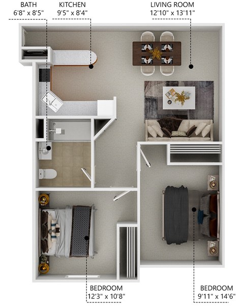 Floor plan for 2 beds, 1 bath, 860 sqft